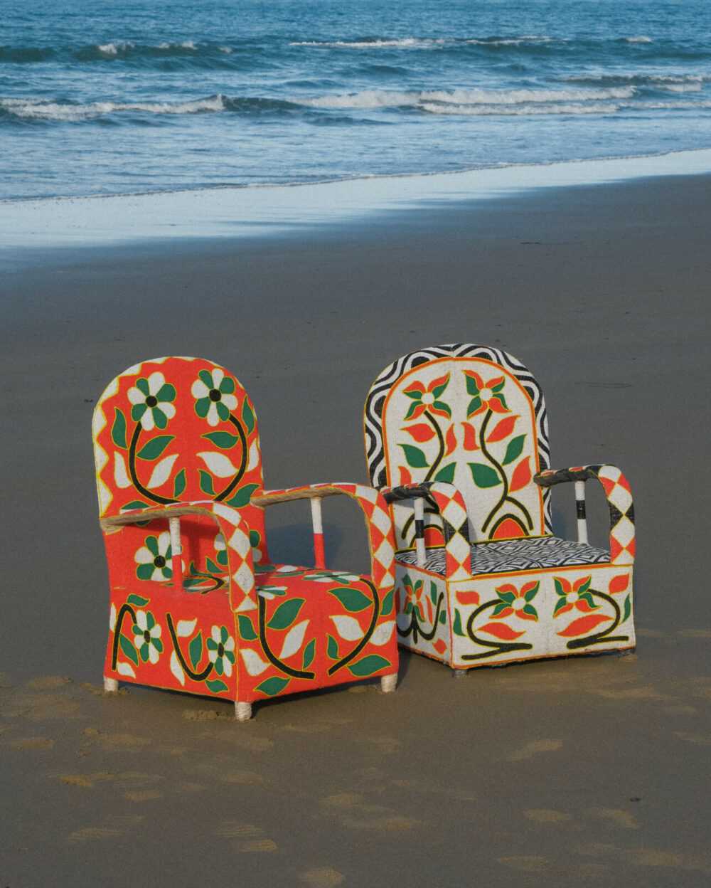 African Yoruba Beaded Multicolour Flower Throne Chair | White