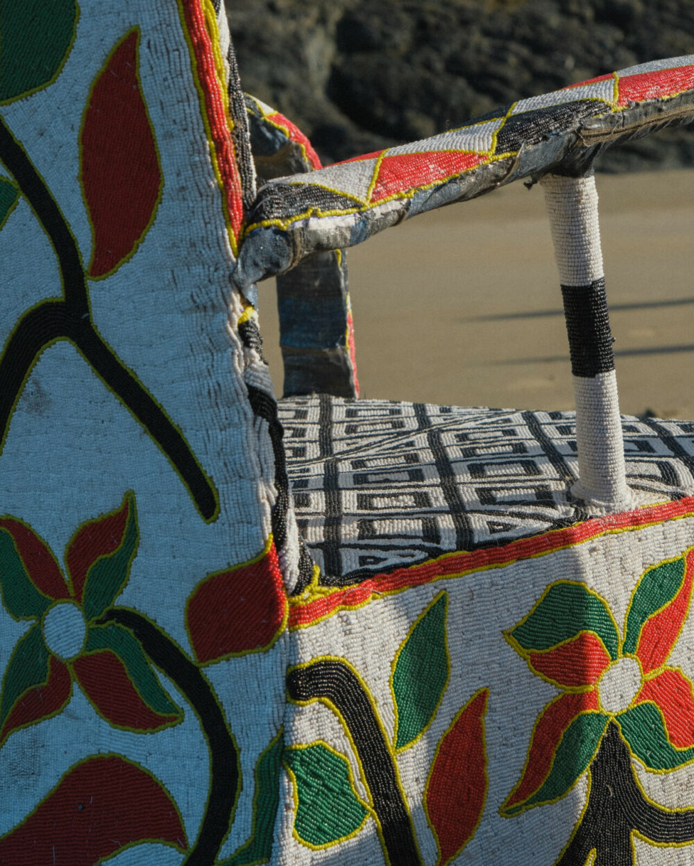 African Yoruba Beaded Multicolour Flower Throne Chair | White - Image 6