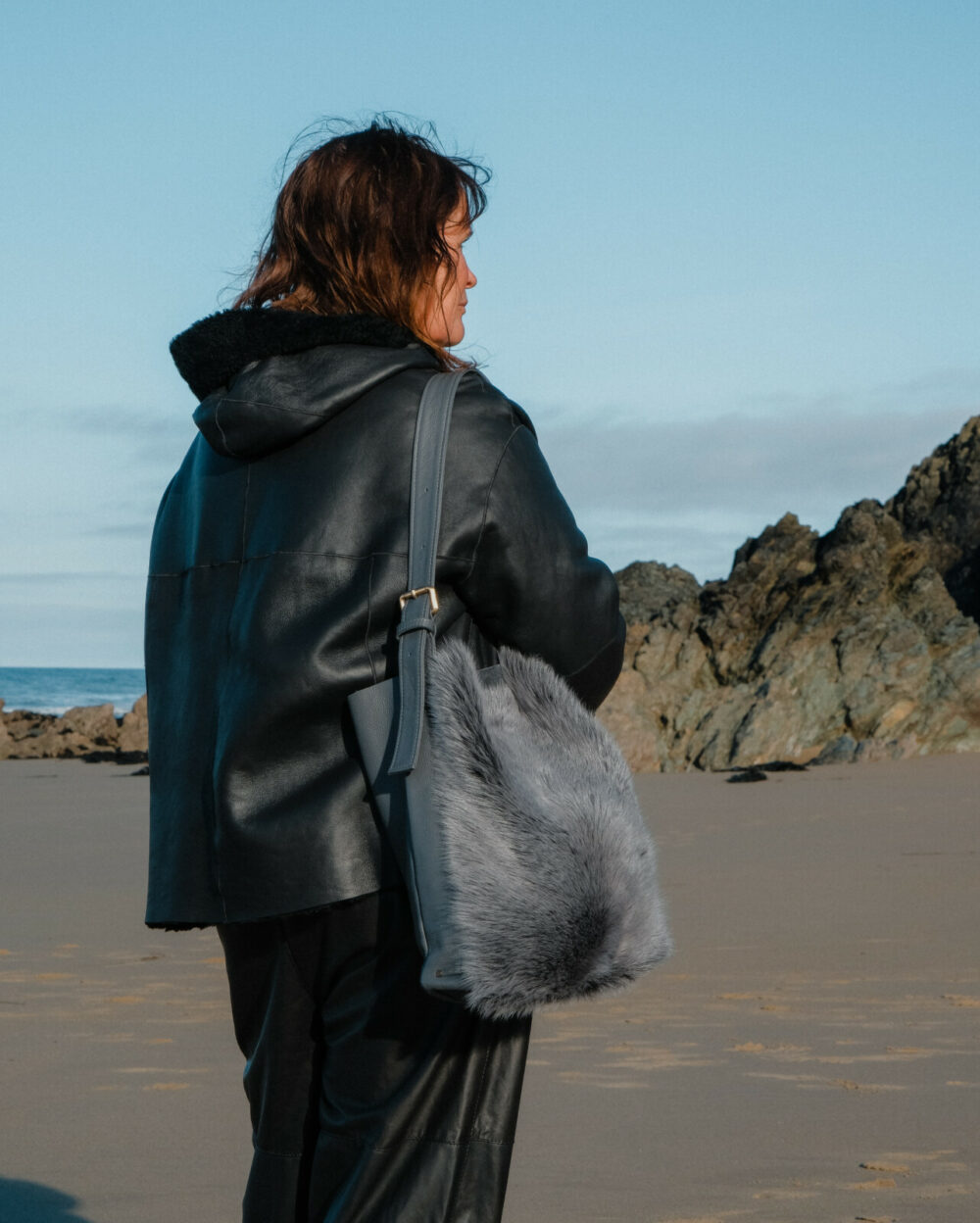 Grey Sheepskin Slouchy Shoulder Bag